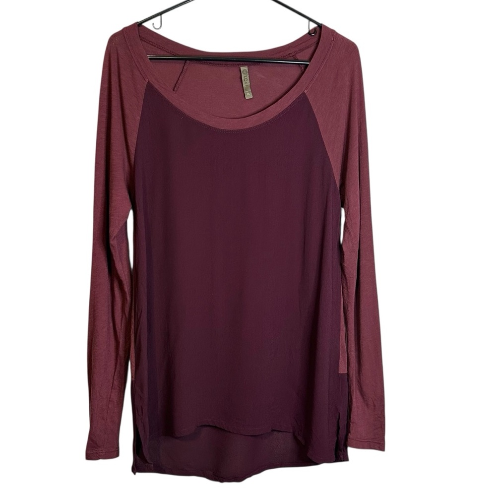 XCVI Burgundy Mixed Material Raglan Sleeve Top High Low Hem Medium #11770
